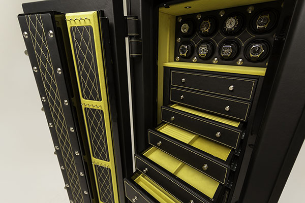 6018 bespoke leather safe interior with watch winders and jewelry drawers with yellow ultrasuede